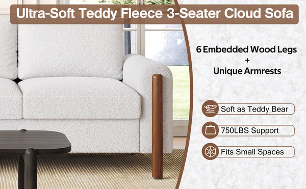 English Elm Christopher Knight Home® - 83.86" 3-Seater Sofa in Teddy Velvet with Curved Armrests & Solid Wood Legs, Plush Durable Comfort Cream White N765P331021W