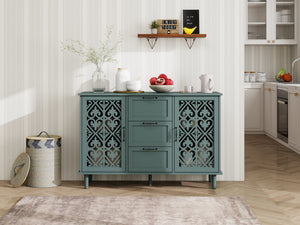 English Elm 2 Door 3 Drawer Cabinet with Carved Panels, Smooth Slide Rails, Black Metal Handles, Solid Wood Feet Dark Green W688124216