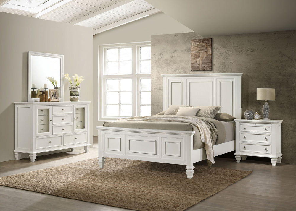 English Elm Cortina Queen Bedroom Set Carved Panel Hardwood Frame Cream Finish Nickel Hardware B062S00781