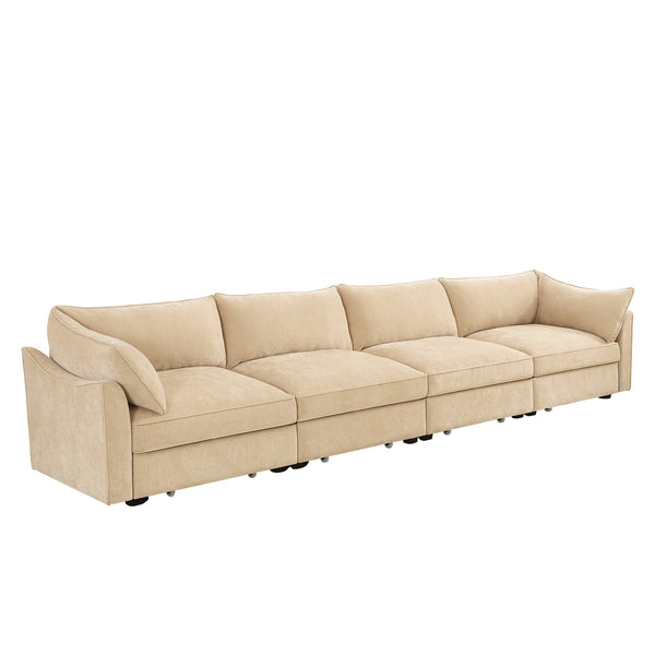 English Elm 4-seater chenille sofa with crescent armrests, wraparound cushions and hidden pull-out storage drawers W3041S00179