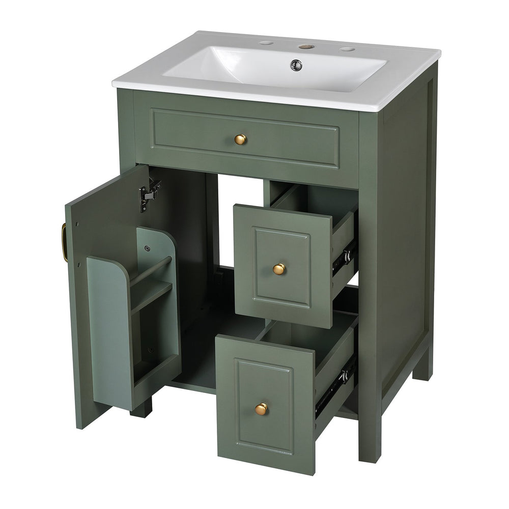 English Elm 24-Inch Bathroom Vanity with Ceramic Sink, Soft-Close Door & Drawers, Gold Handles, Durable Wood Elegance Green N729P192078F