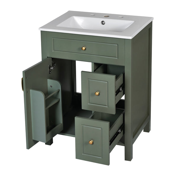 English Elm 24-Inch Bathroom Vanity with Ceramic Sink, Soft-Close Door & Drawers, Gold Handles, Durable Wood Elegance Green N729P192078F