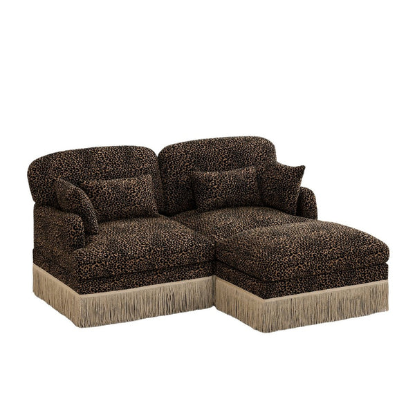 English Elm Comfy Chenille Leopard Print Loveseat with Tassel Trim Movable Ottoman Living Room Brown W5656S00011