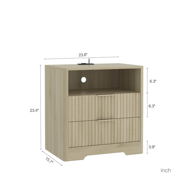 English Elm Nightstand Wood Cabinet with Built-in Usb Charging Ports and Voice Controlled Night Light W1321P399415