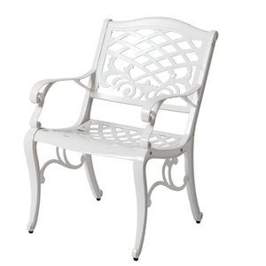 English Elm Phoenix Cast Aluminum Outdoor Dining Arm Chairs Ornate Lattice Scroll Garden Patio Set White N776P381164W