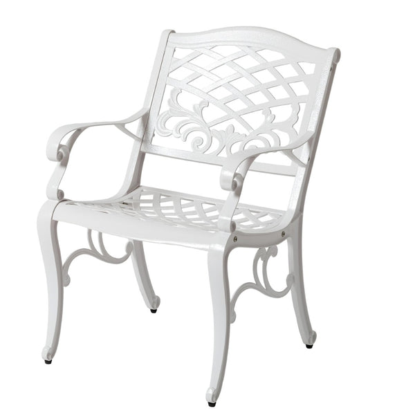 English Elm Phoenix Cast Aluminum Outdoor Dining Arm Chairs Ornate Lattice Scroll Garden Patio Set White N776P381164W