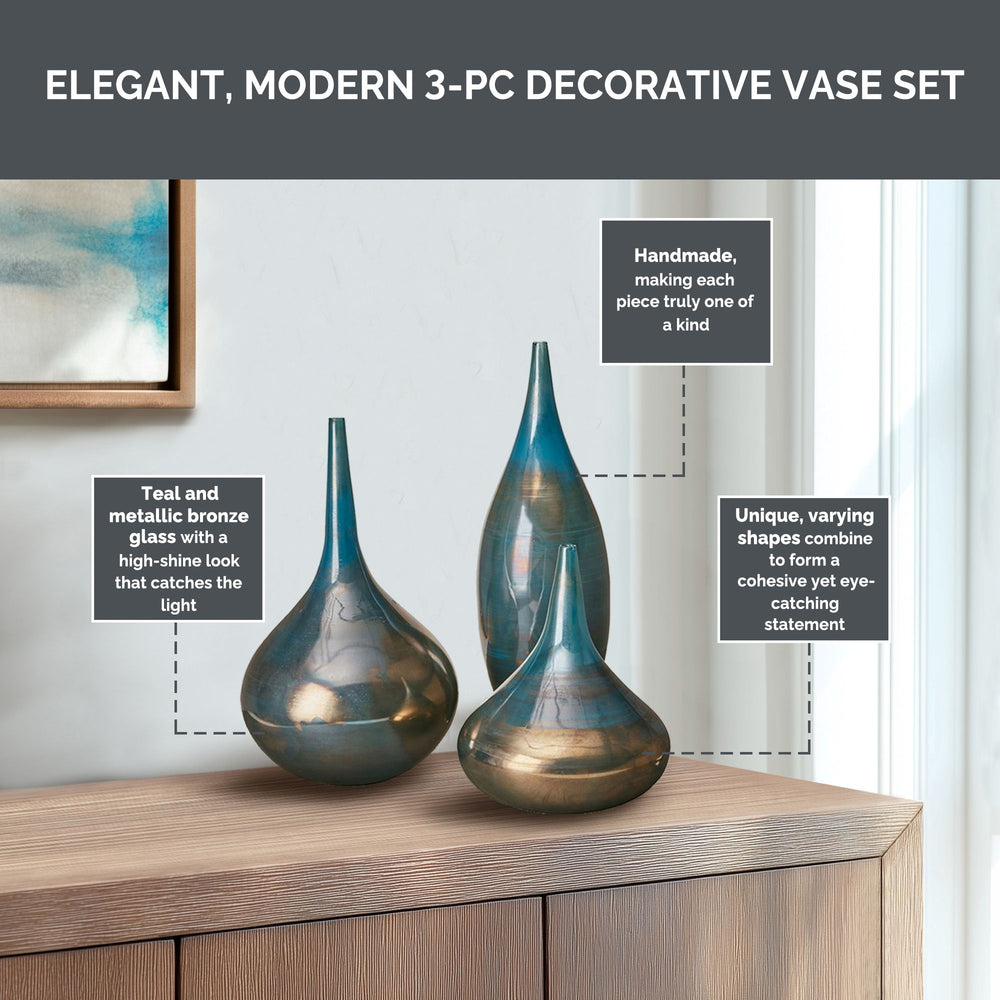 JLA Home Madison Park Signature - Blue Handcrafted Teal-Blue & Bronze Glass Vases Set of 3 — High-Gloss Sculptural Accents for Home Decor MPS162-248