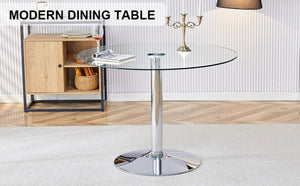 English Elm A Round Tempered Glass Dining Table with Silver Legs Seats Six in Modern Style W1151S03483