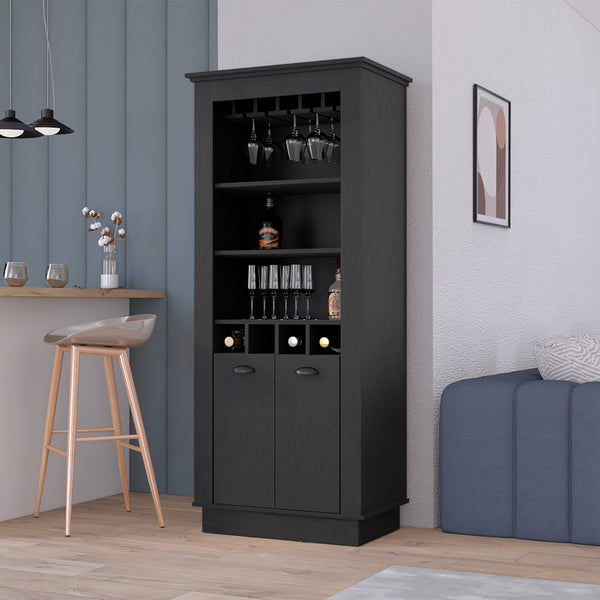 English Elm Lafayette Elegant Bar Cabinet with 4-Bottle Wine Rack, 10-Glass Holder and Spacious Dual-Door Storage Black 34 L x 27 W x 5 H B070S00327