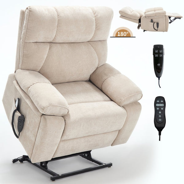 English Elm Beige Chenille Power Lift Recliner Dual Motor Massage Heat 350 Lb Capacity Beige W1803P264021