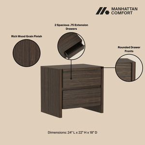 English Elm Linda 24" Nightstand with 2 Smooth-Glide Drawers, Minimalist Low-Profile Design & Warm Wood-Grain Texture Walnut Brown B365P398180
