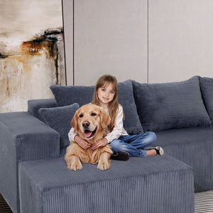 English Elm 4-Piece Modular L-Shaped Sectional Sofa with Corduroy Upholstery, Convertible Chaise, Pillows Included Grey W3163S00037