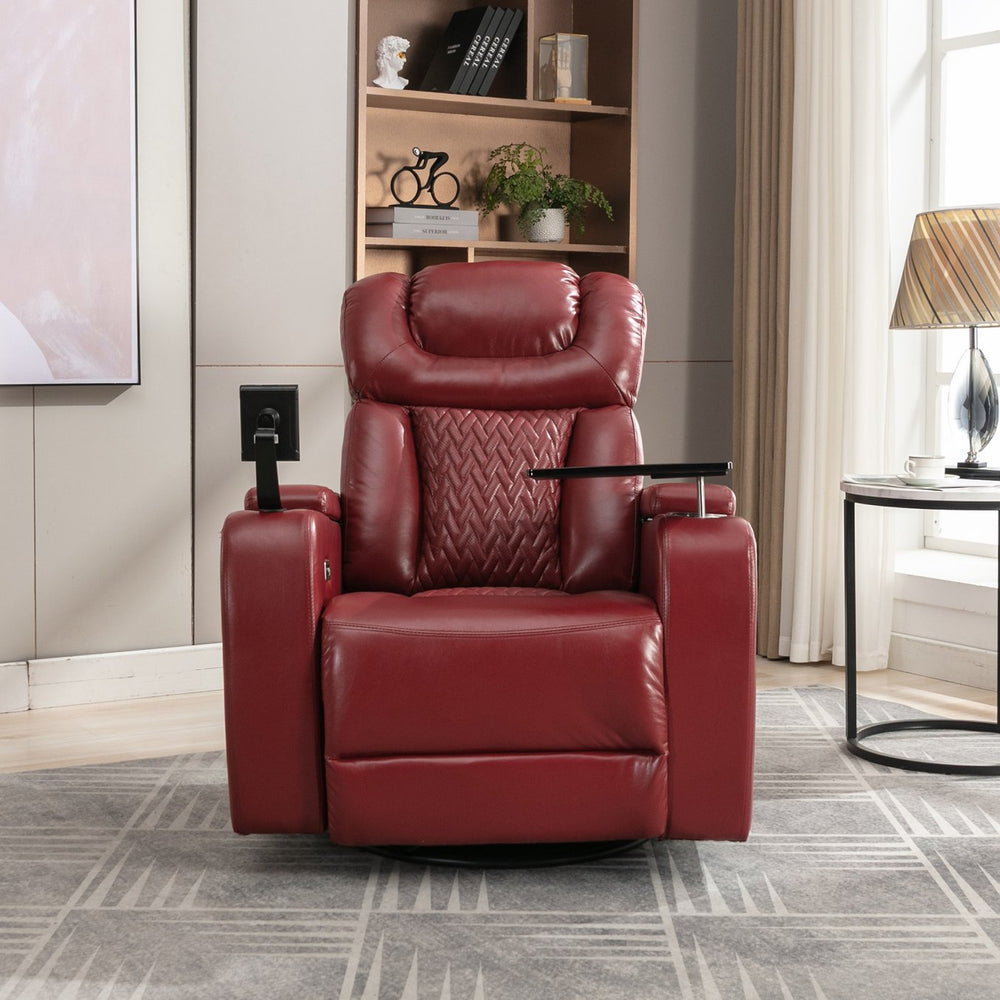 English Elm 270 270 Degree Swivel PU Leather Power Recliner Chair with Tray Table, Cup & Phone Holders, USB Port, Hidden Storage, Infinite Positions for Home Theater Red N719S001190J