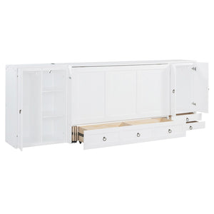 English Elm Queen Murphy Bed with Wardrobe Cabinets Built-in Usb Charging and Concealed Drawers White LP000590AAK