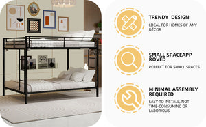 English Elm Multi-Functional Square Tube Iron Bunk Bed with Dual Ladders, Sturdy Space-Saving Frame for Rooms Black W1935P360917