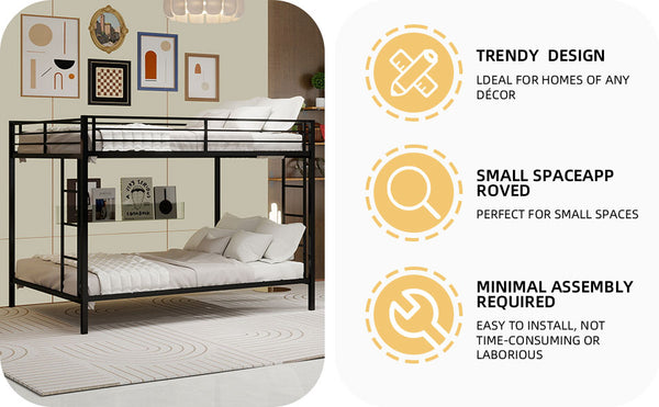 English Elm Multi-Functional Square Tube Iron Bunk Bed with Dual Ladders, Sturdy Space-Saving Frame for Rooms Black W1935P360917