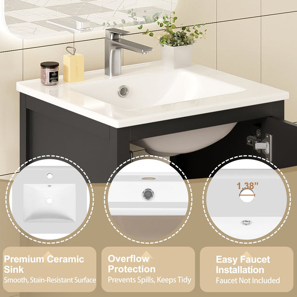 English Elm 20-Inch Compact Bathroom Vanity with Ceramic Sink, Soft-Close Storage, Divider Drawer & Easy Plumbing Access Black N729P334847B