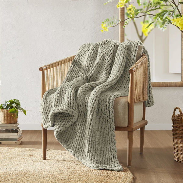 JLA Home Madison Park - Hand double-knitted throw blanket — ultra-soft, OEKO-TEX certified acrylic, modern boho accent for year-round comfort Grey MP50-6136