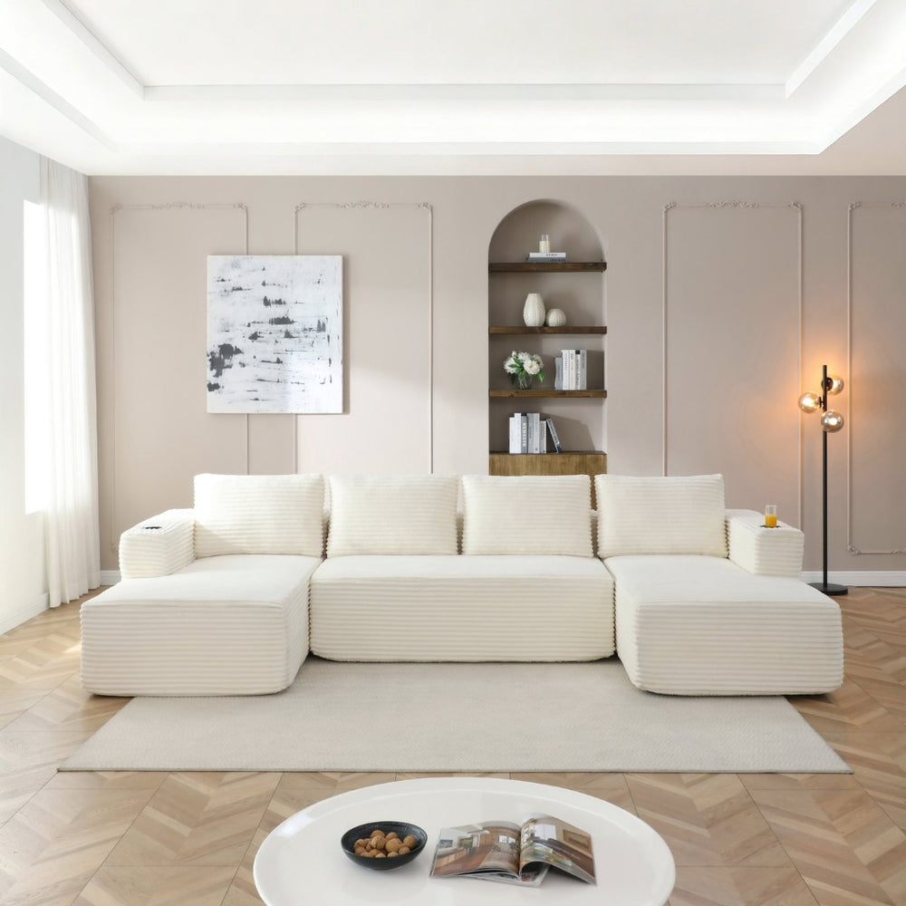 English Elm 132" Modular U Shaped Sectional Sofa with Corduroy Upholstery and Built in Cupholders W1117S00341