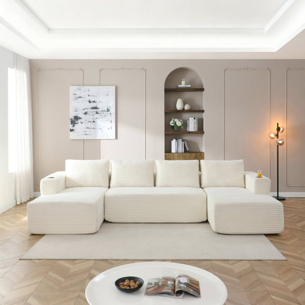 English Elm 132" Modular U Shaped Sectional Sofa with Corduroy Upholstery and Built in Cupholders W1117S00341