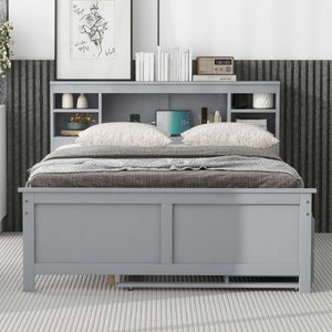 English Elm Full Full Size Platform Bed with Storage Headboard, USB Ports, Twin Trundle & 3 Drawers, Solid Wood Gray GX000720AAE