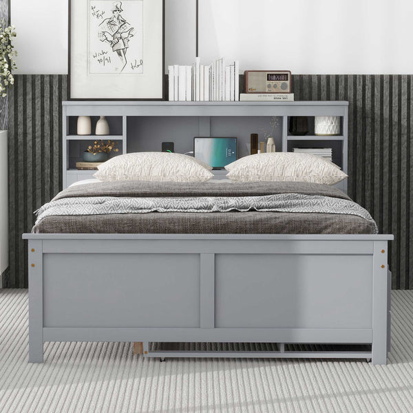 English Elm Full Full Size Platform Bed with Storage Headboard, USB Ports, Twin Trundle & 3 Drawers, Solid Wood Gray GX000720AAE
