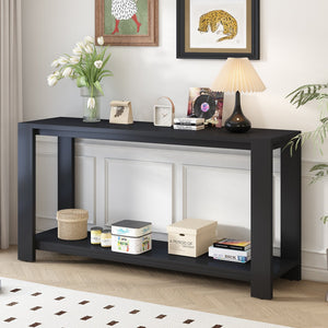 English Elm U_STYLE Minimalist Console Table with Bottom Shelf and Sturdy Four Legs, 63.8" Long Entryway Accent Black N711P173084B
