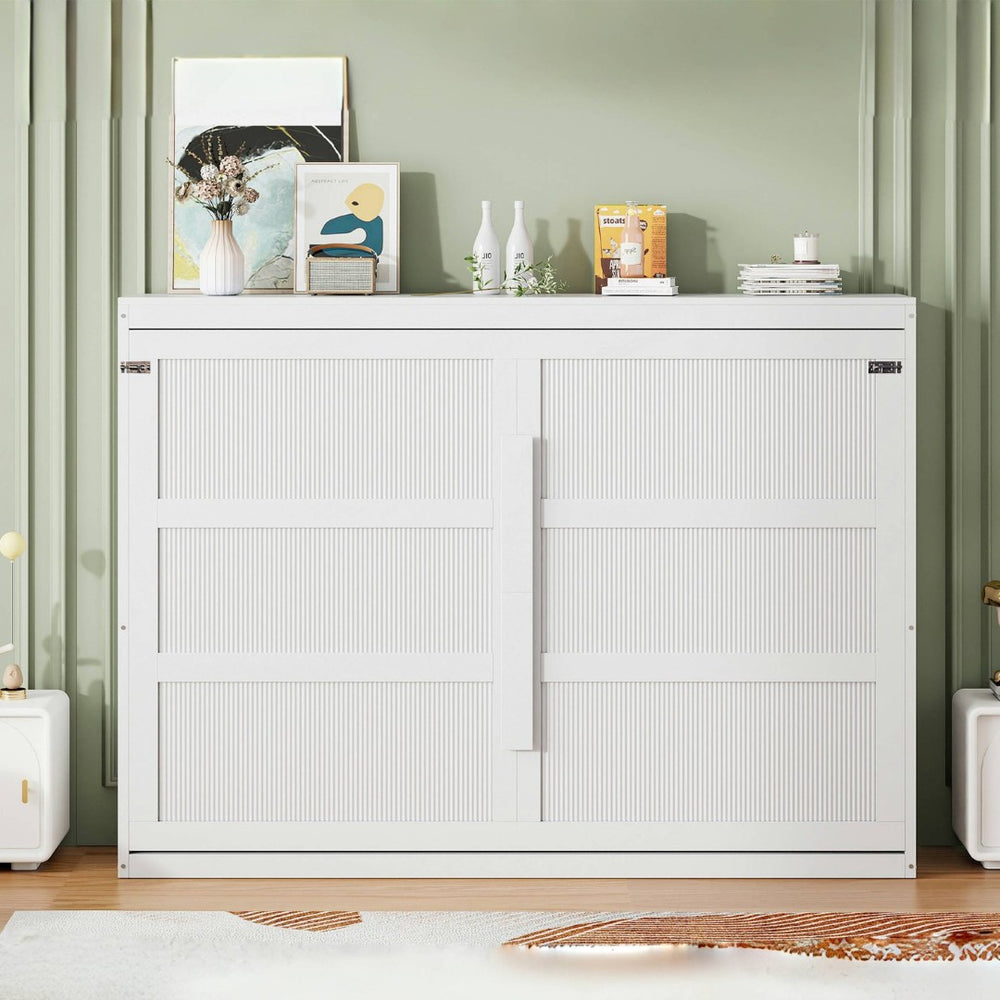 English Elm Queen Murphy Wall Bed with Led Lighting Modern Cabinet Folds Flat for Studio Living White LP100973AAK