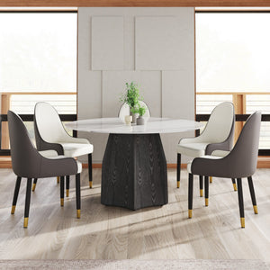 English Elm 53" Round Marble Dining Table – Elegant Sintered Stone Top With Black Solid Wood Base For 6 People W1535S00379