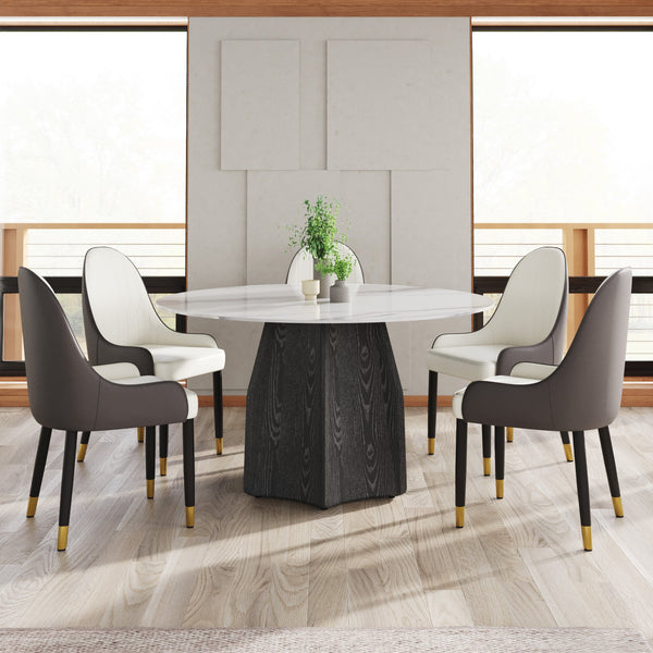 English Elm 53" Round Marble Dining Table – Elegant Sintered Stone Top With Black Solid Wood Base For 6 People W1535S00379