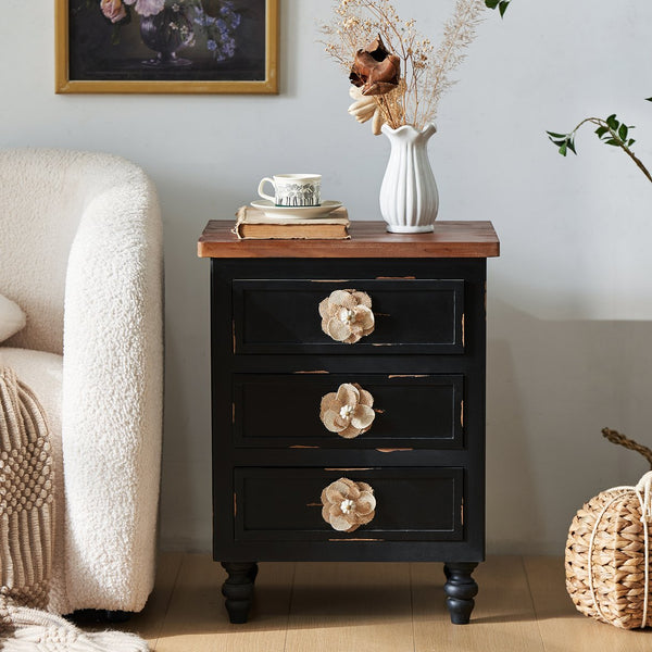 English Elm Vintage Farmhouse End Table with Floral Knobs 3-Drawer Rustic Nightstand Solid Wood Accents Antique Black,Walnut W3306P318870