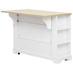 English Elm K&K Rustic Kitchen Island Cart with 6 Drawers, Pull-Out Trash Cabinet, Drop Leaf & Built-In Charging Station White N707P307292W