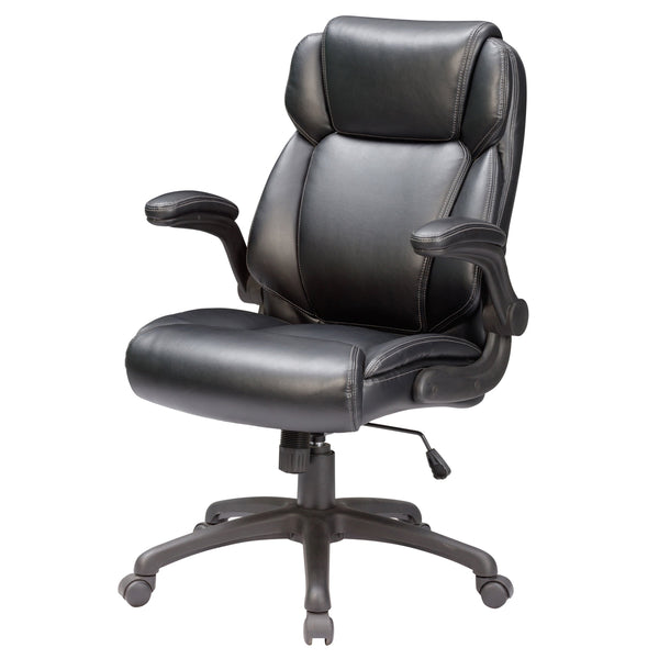 English Elm Adjustable Bonded Leather Office Chair with Butterfly Mechanism, 360° Swivel, Padded Headrest & Flip-Up Arms for Ergonomic Comfort and Productivity Black 27 L x 26 W x 15 H B2741P281451