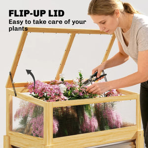 English Elm Flowers Elevated Fir Wood Raised Planter with Cold Frame Greenhouse Lid for Patio Gardens Natural Wood T3971P476376