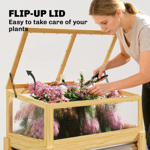 English Elm Flowers Elevated Fir Wood Raised Planter with Cold Frame Greenhouse Lid for Patio Gardens Natural Wood T3971P476376