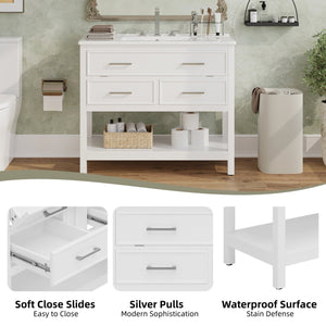 English Elm Christopher Knight Home® - 36" Modern Bathroom Vanity with Ceramic Sink, Tip-Out Tray, Soft-Close Drawers, Open Shelf, Waterproof Surface White N817P288908W