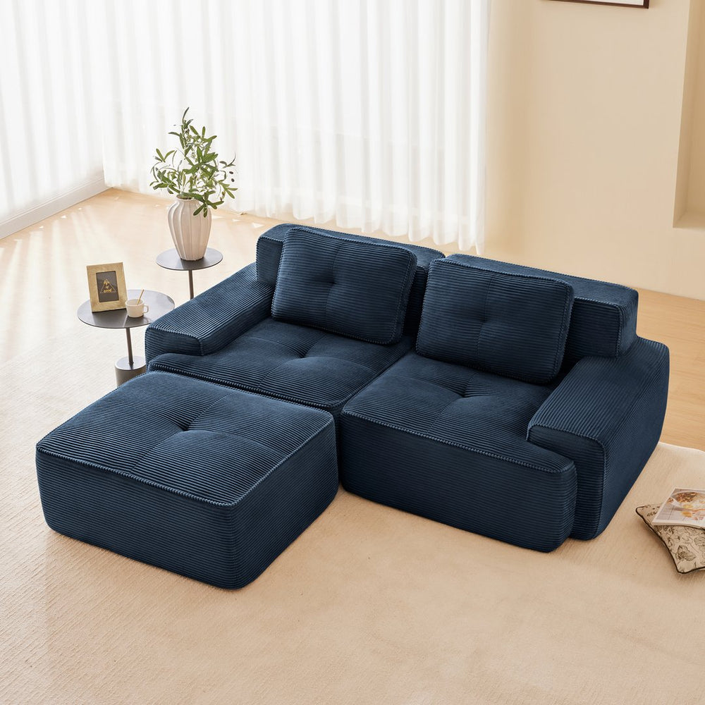 English Elm 82" Modern L-Shaped Modular Sectional Sofa with Plush Corduroy, Deep Ergonomic Seats & Movable Ottoman Blue W714S01492