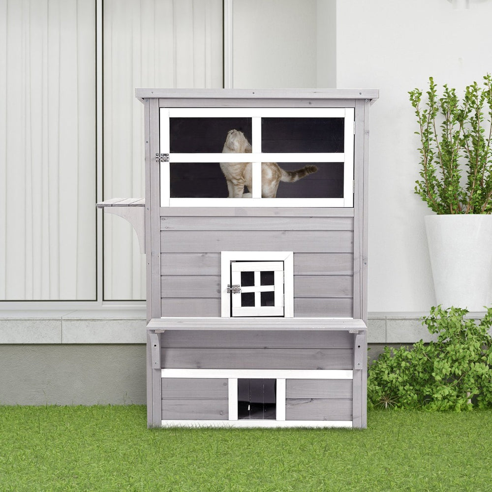 English Elm Pawhut 3-Story Cat House - Cozy Multi-Level Feral Shelter With Escape Doors, Jumping Platforms, Grey W2225P200611-GIGA