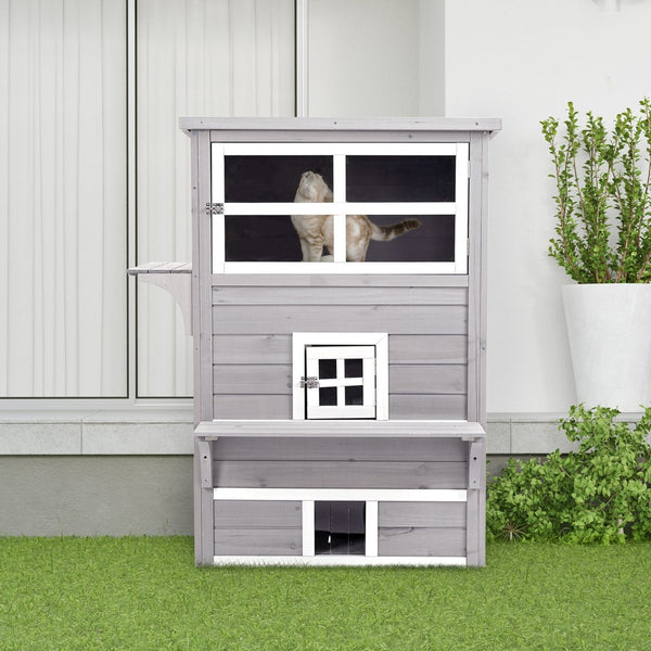 English Elm Pawhut 3-Story Cat House - Cozy Multi-Level Feral Shelter With Escape Doors, Jumping Platforms, Grey W2225P200611-GIGA