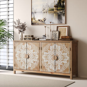 English Elm 60"Wood Vintage Accent Cabinet 4 Doors Antique Brown & White MDF Buffet Console for Living Room Storage W2295P306897