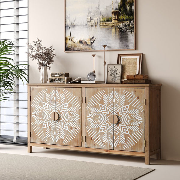 English Elm 60"Wood Vintage Accent Cabinet 4 Doors Antique Brown & White MDF Buffet Console for Living Room Storage W2295P306897