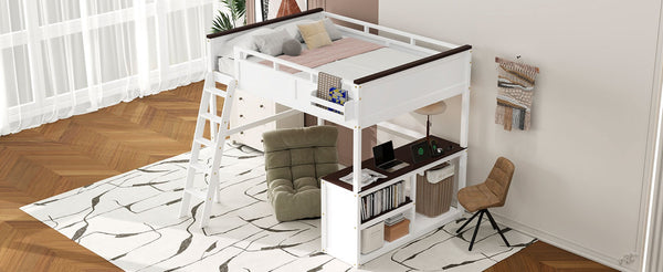 English Elm Queen Size Loft Bed With Desk, Usb Charging, Storage Box & Open Shelves For Organized Living Space N7090005002W-GIGA