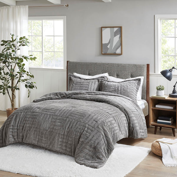 English Elm Full/Queen Plush Arctic Faux Fur Down Alternative Comforter Set - Checkboard Texture, OEKO‑TEX Safe, Machine Washable B03595061