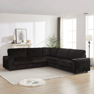 English Elm 110-Inch Oversized Corduroy Corner Sofa with Storage, USB & Cup Holders, Deep Plush Seating Comfort Black W834S00286