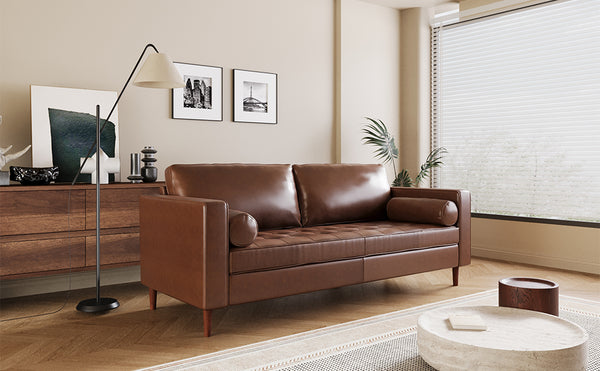 English Elm Christopher Knight Home® - Mirod Mid-Century Modern PU Leather Sofa with Tufted Back, Birch Legs, Foam & Pocket Spring Comfort Light Brown N760P285734G