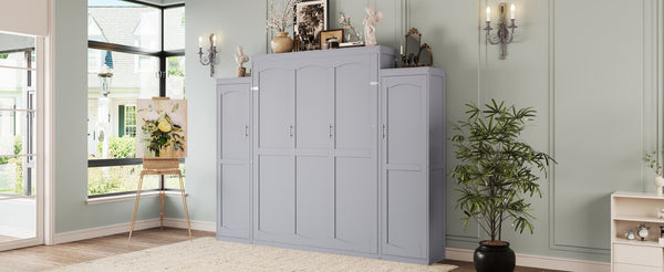 English Elm Queen Murphy Wall Bed Gray Pine Platform Frame with Dual Wardrobe Storage Shelves N733S339767E