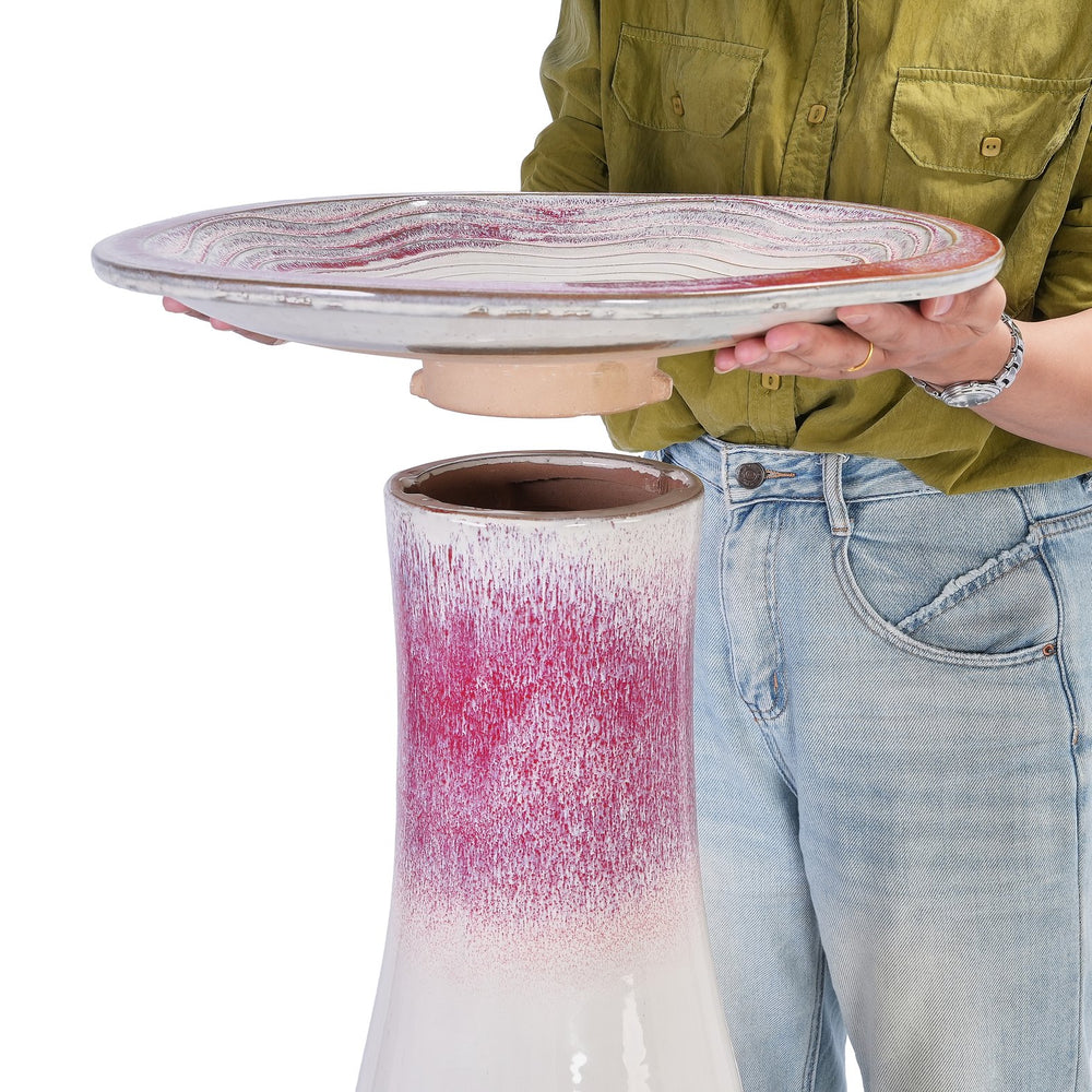 English Elm 17'' Hand-Glazed Ceramic Bird Bath Pedestal with Swirl Pattern, Durable Lightweight Outdoor Sculpture White+Pink W3273P322556