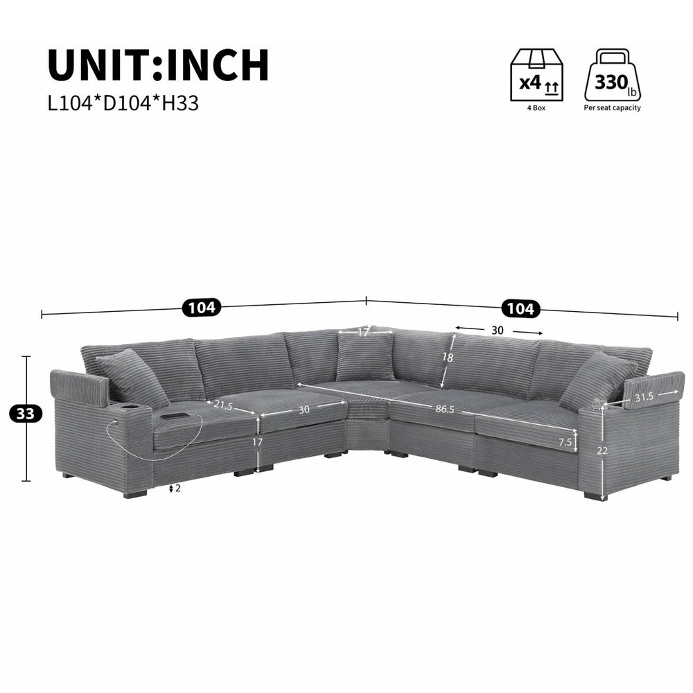 English Elm 104" Corduroy L-shaped Sectional with Usb Charging Armrest Storage and Cup Holders Gray N723S1187E