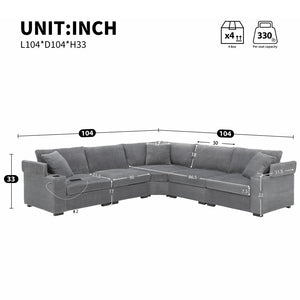 English Elm 104" Corduroy L-shaped Sectional with Usb Charging Armrest Storage and Cup Holders Gray N723S1187E