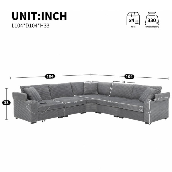 English Elm 104" Corduroy L-shaped Sectional with Usb Charging Armrest Storage and Cup Holders Gray N723S1187E